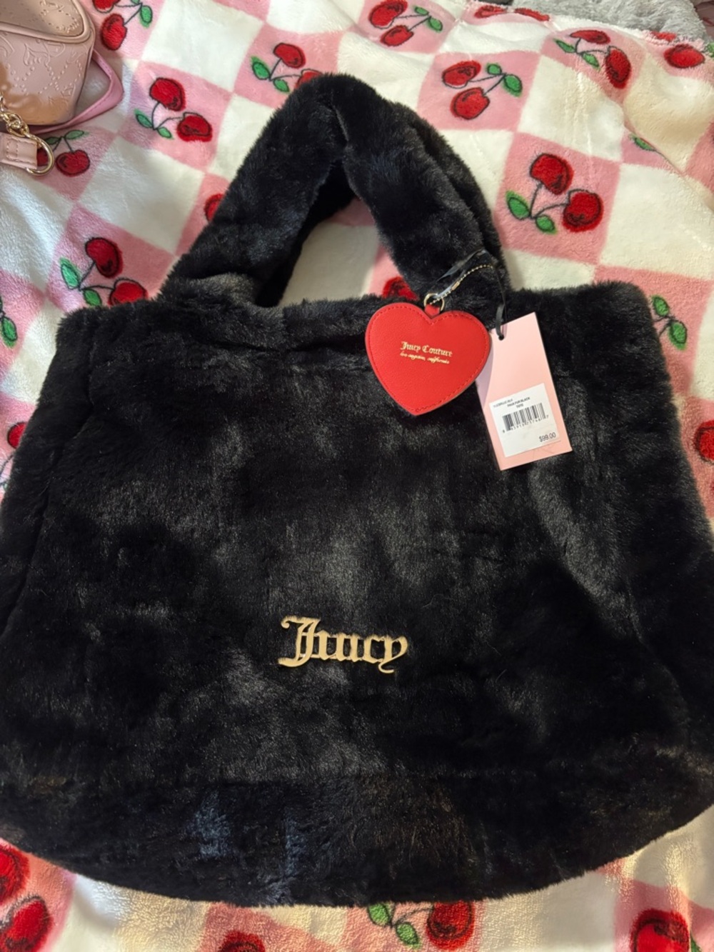 Juicy Couture Black Faux Fur Tote with Red Heart Charm